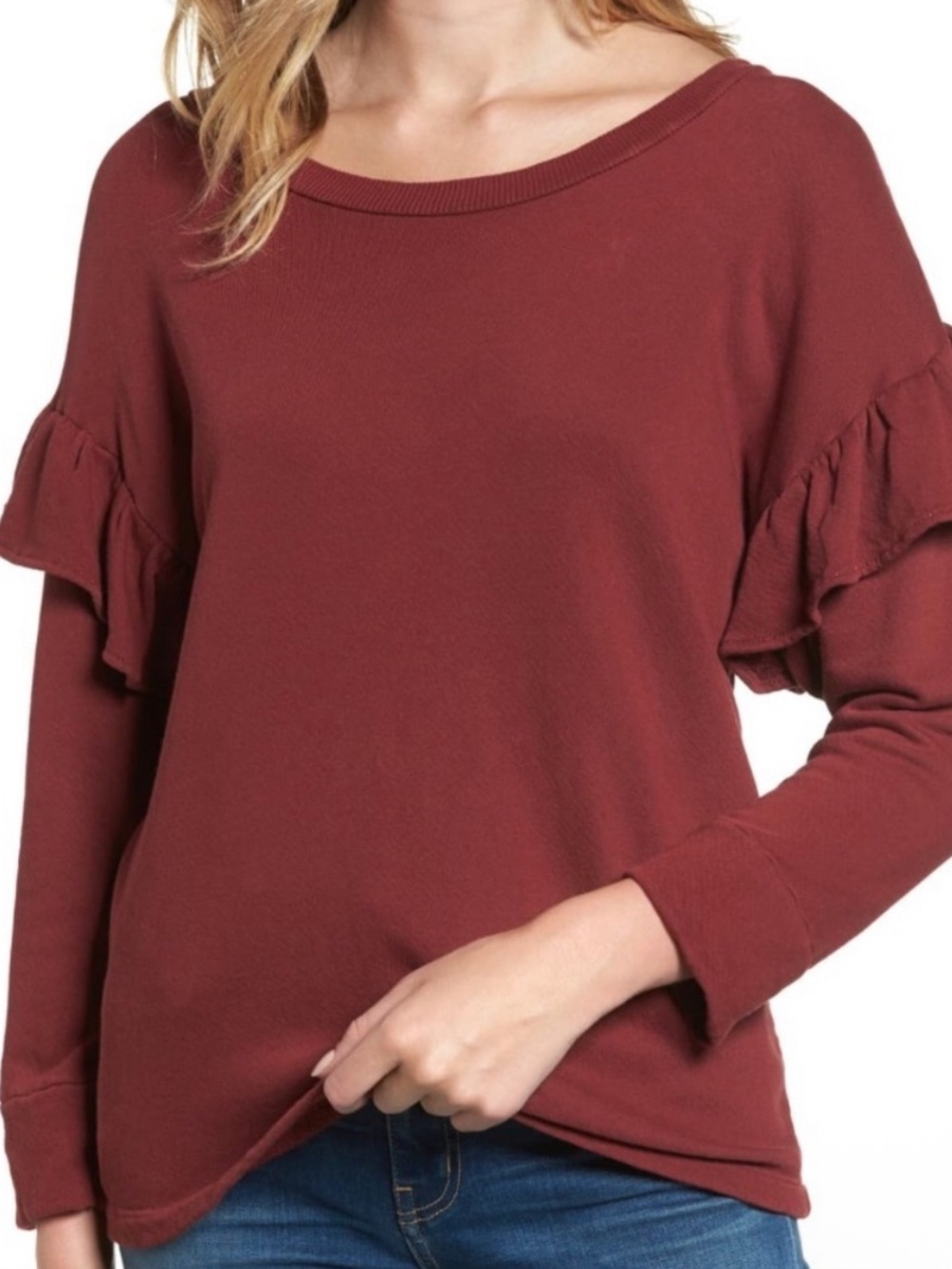 Current/Elliott Burgundy Ruffle-Sleeve Sweatshirt
